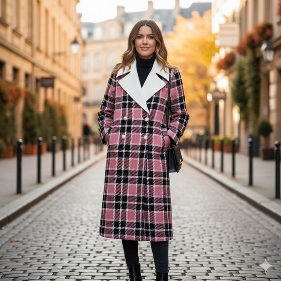 J.ING Jing Blair Waldorf Pink Plaid Double Breasted White Collar Winter Coat NWT - Picture 2 of 11